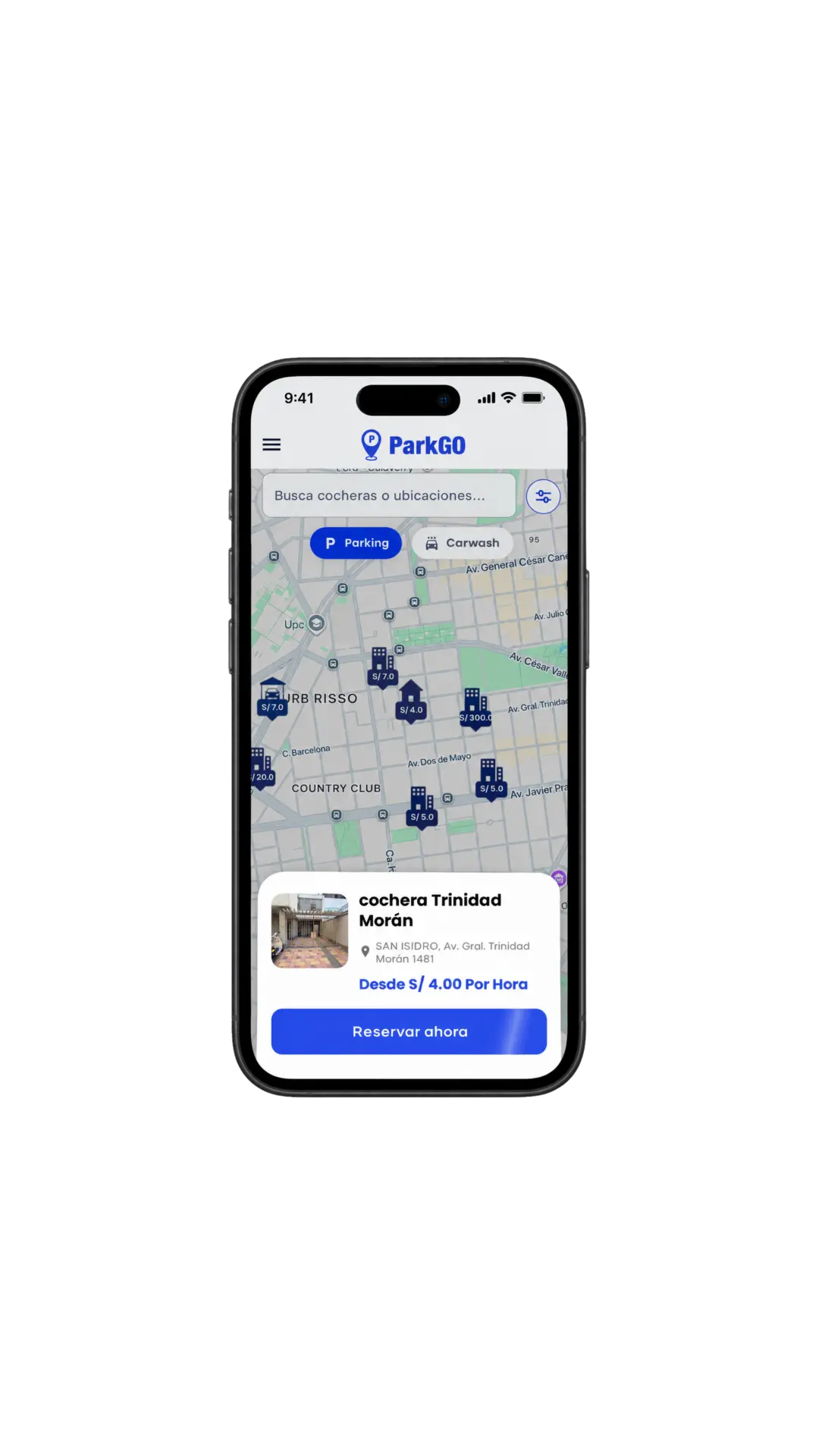Pantalla de la app ParkGO mostrando mapa y estacionamientos cercanos